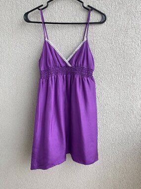 100% Silk Slip Dress Purple, Size S | Lace Trim, Adjustable Straps, Nightgown Mi